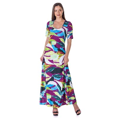 24seven Comfort Apparel Womens Multicolor Floral Print Elbow Sleeve Casual A Line Maxi Dress