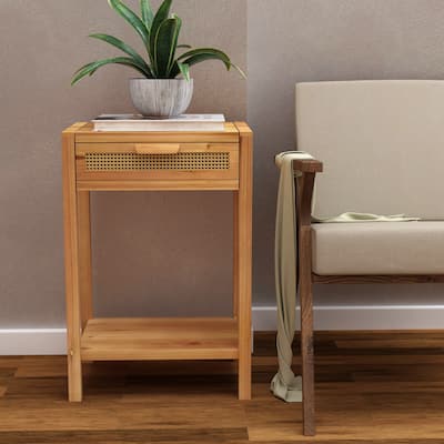 COZAYH Modern Minimalism Nightstand End Table Side Table with Woven Pattern Drawer and Shelf Storage
