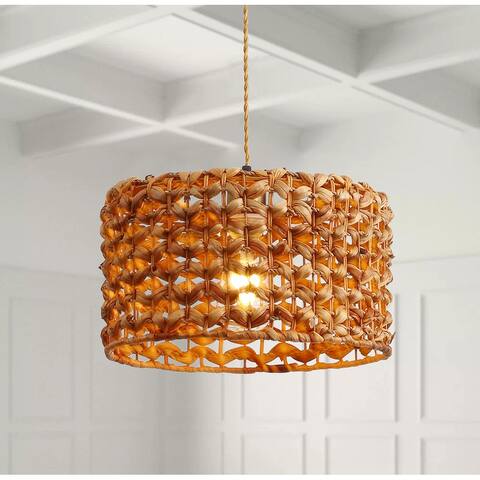 Farmhouse Brown 1-Light Lantern Rattan Shade Pendant Lighting Fixture