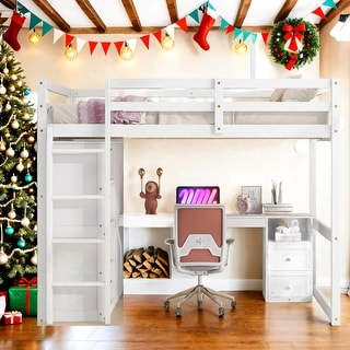 Wood Full Size Loft Bed with Built-in Wardrobe,Desk,Storage Shelves and Drawers