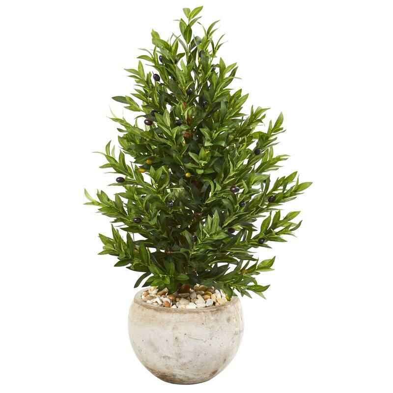 Artificial Olive Tree Topiary 3ft Indoor Outdoor - Stone Planter, Green Foliage, Decorative Accent - 31-40 Inches