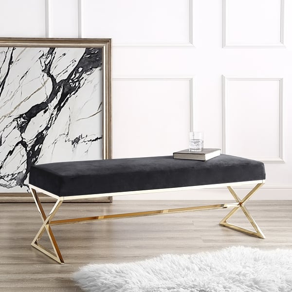 slide 1 of 19, Della Entryway Velvet Bench with Gold or Chrome X-Legs