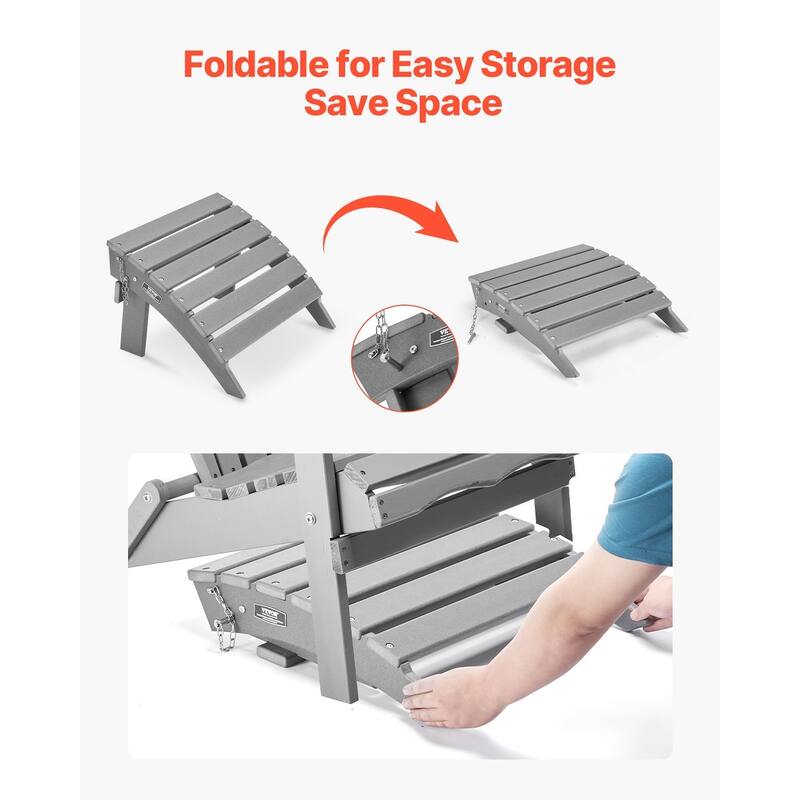 Grey HDPE Folding Adirondack Ottoman Footrest with Slatted Surface Ideal Use for Patio or Balcony - 16.9” x 18.9” x 13”