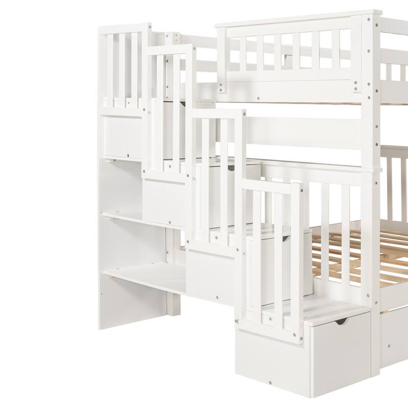 Full over Full Wood Bunk Bed with Shelves, 6 Storage Drawers, and Staircase