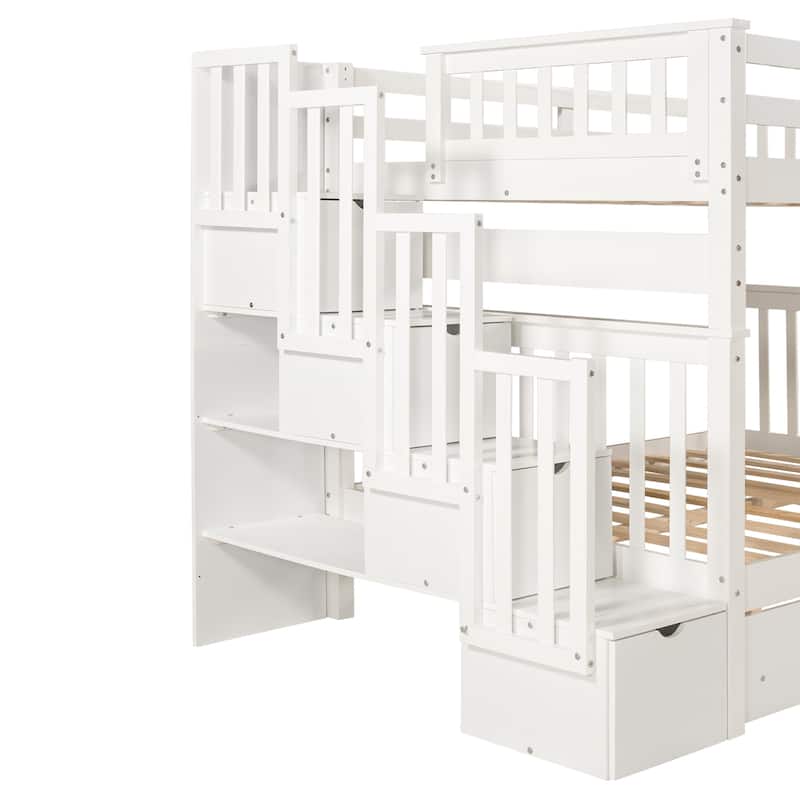 White Full Over Full Bunk Bed with Storage Shelves, 6 Drawers, and Safe Staircase Access