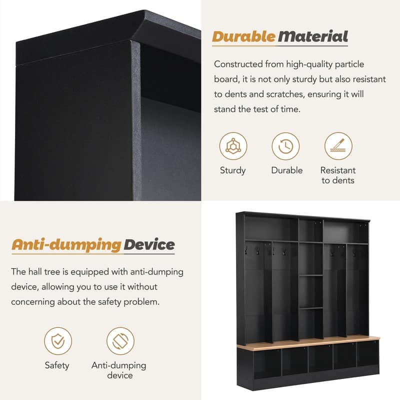 Hall Tree with Storage Bench, Shoe Cabinet with Cube Storage & Shelves, Entryway Bench Coat Rack Mudroom Bench with 8 Hooks