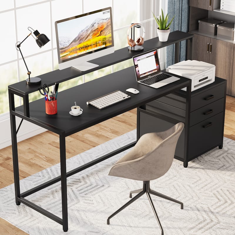 63" Computer Desk with Monitor Stand, Ergonomic Home Office Desks with Drawers File Cabinet