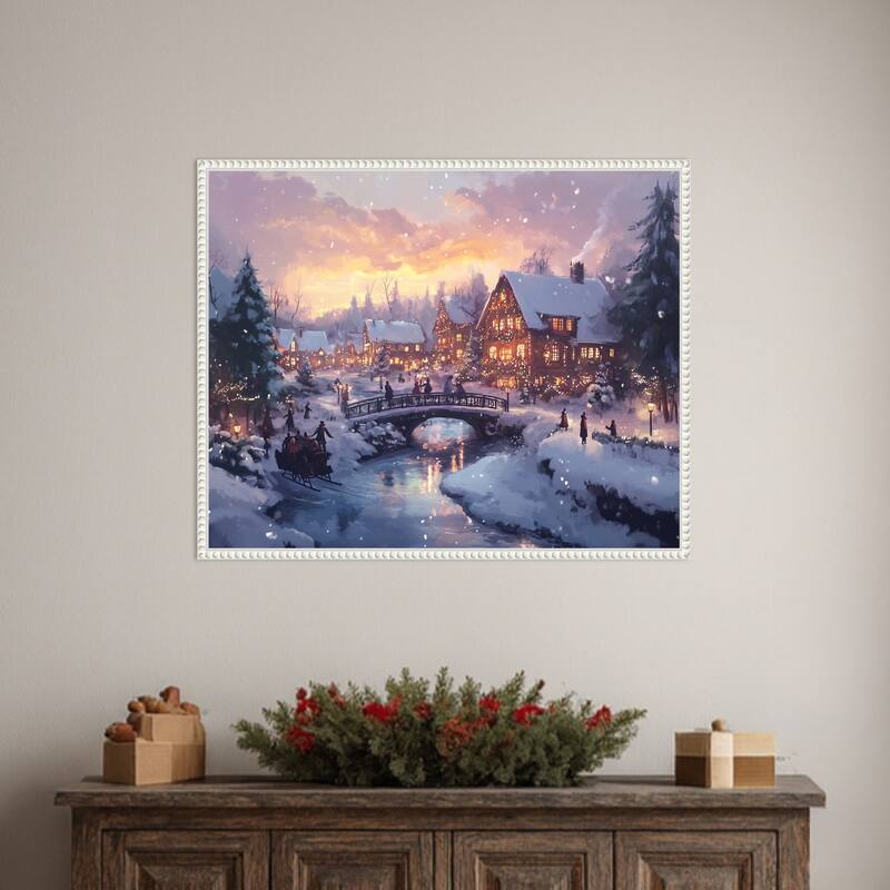 Pictufy Christmas Village by Pictufy (28 x 23 in.), Framed Canvas Wall Art Print - Sylvie Beaded White