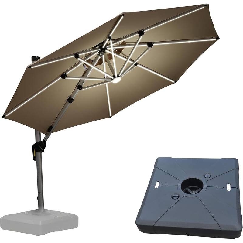 PURPLE LEAF 10 ft Double Top LED Round Patio Cantilever Umbrella with Base - Beige
