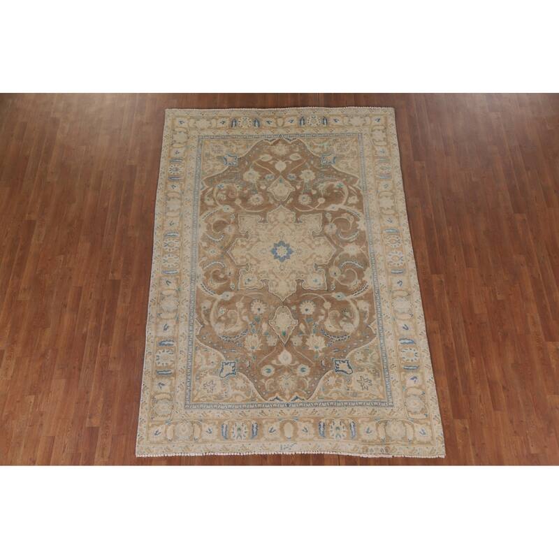 Hand Knotted Oriental 100% Wool Carpet Traditional Floral Brown Mashad Area Rug - 9' 0'' X 6' 0''