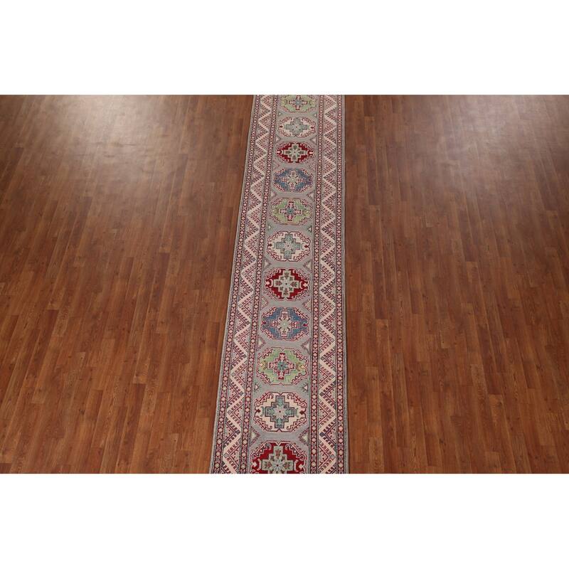 Traditional / Geometric Kazak Oriental Runner Rug Handmade Wool Carpet - 2'7" x 20'1"