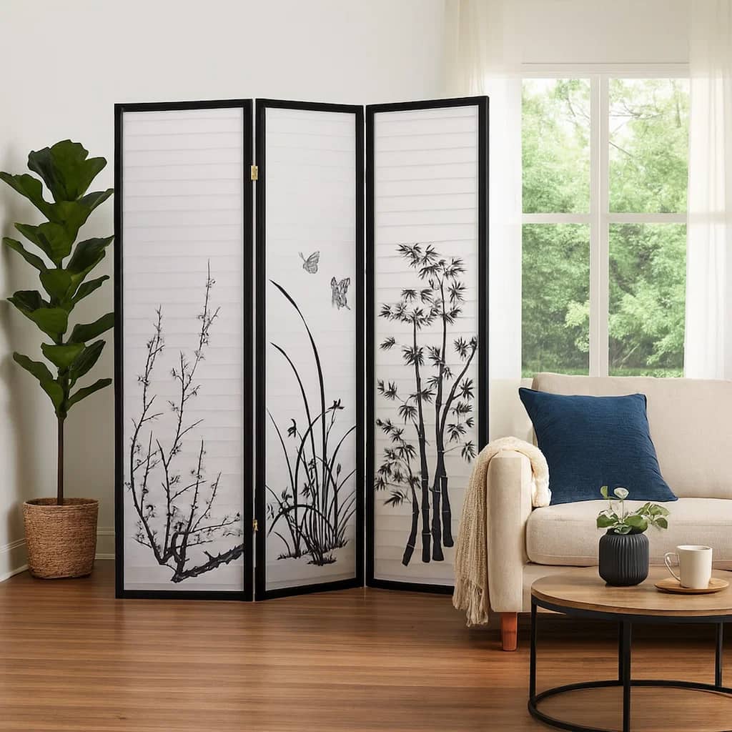 Naturistic Print Wood and Paper 3 Panel Room Divider, White and Black