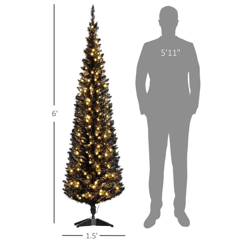 6 ft Black Plastic Steel Slim Pencil Christmas Tree with Warm White LEDs - 18" Dia. x 72"H
