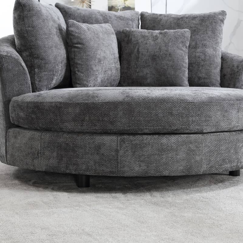 Modern Sofa Chair Round Accent Barrel Chair With 5 Pillows and Storage Ottoman