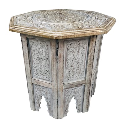 Olta 18 Inch Handcrafted Farmhouse Side Table, Engraved Carved Design, Mango Wood, Octagonal Top, Antique Brown