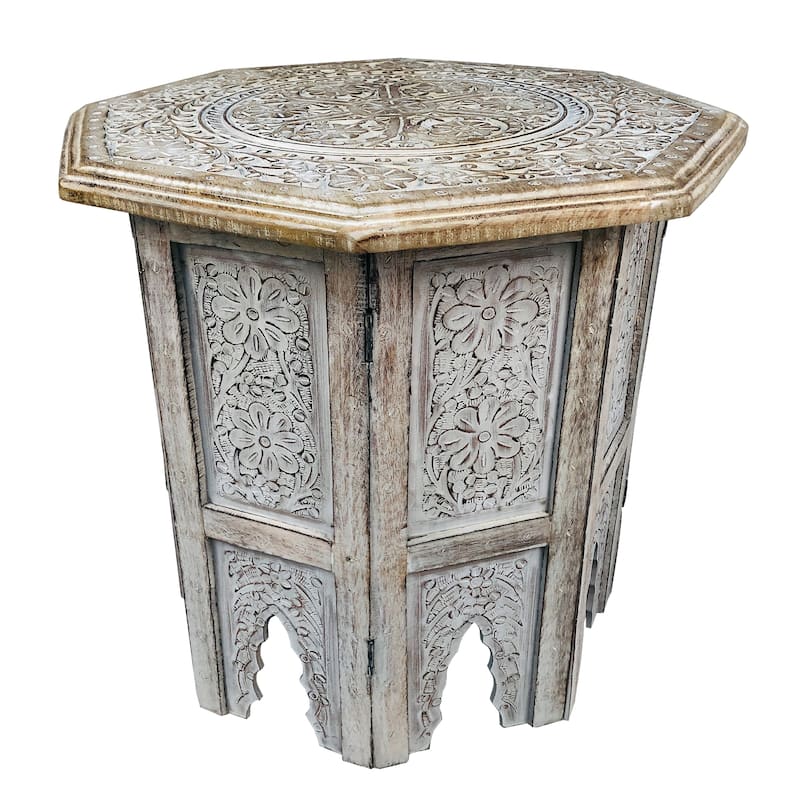 Olta 18 Inch Handcrafted Farmhouse Side Table, Engraved Carved Design, Mango Wood, Octagonal Top, Antique Brown - Brown - Wood