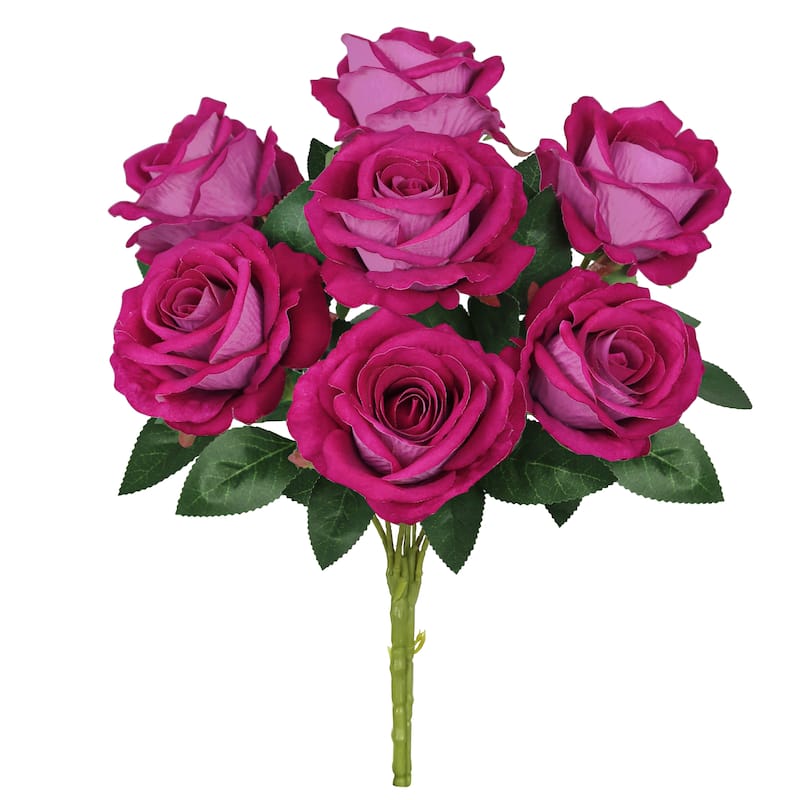 Set of 2 Hot Pink Artificial Velvet Rose Flower Stem Bush Bouquet 16in - 16" L x 11" W x 11" DP
