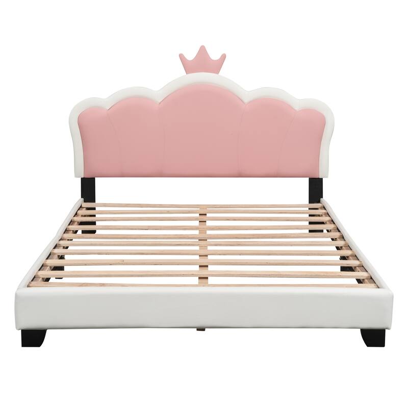 Upholstered Princess Bed With Crown Headboard, Platform Bed with Headboard and Footboard