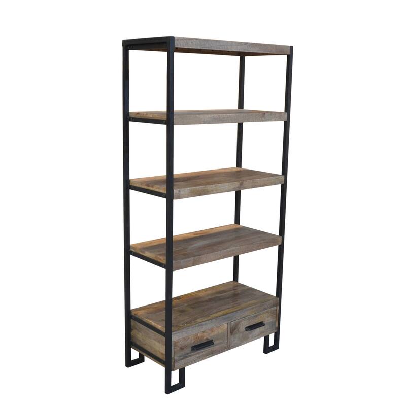 71" Brown Distressed Solid Wood Four Tier Etagere Bookcase with Two Drawers