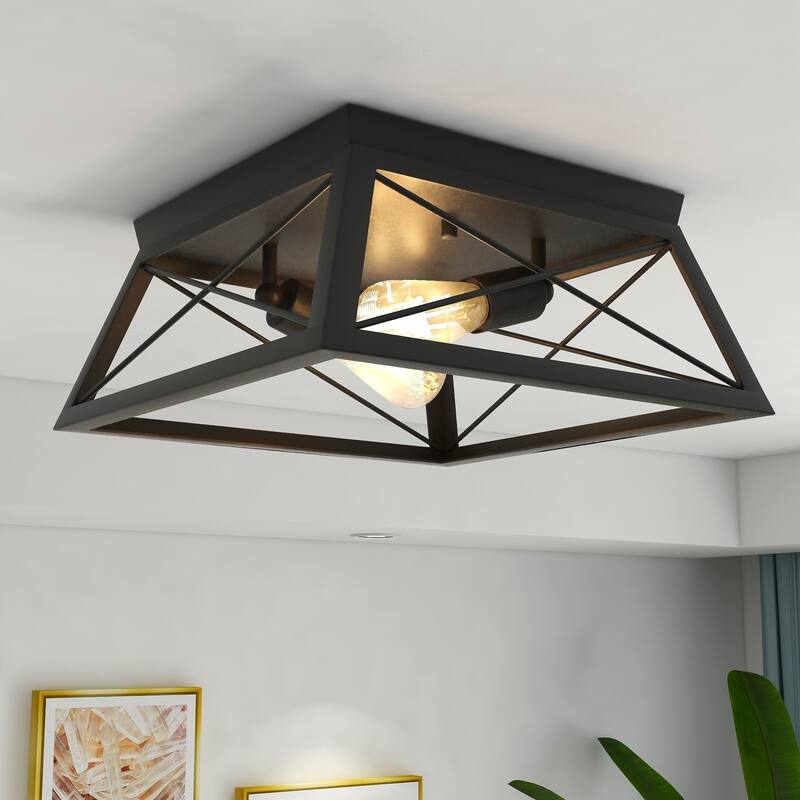 2-Light Black Metal and Wood Flush Mount