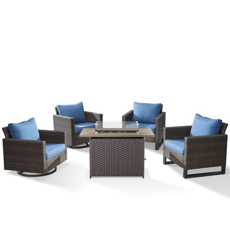 2 Swivel Chair 2 Club Chair with Fire Table Brwon-Blue - Brown