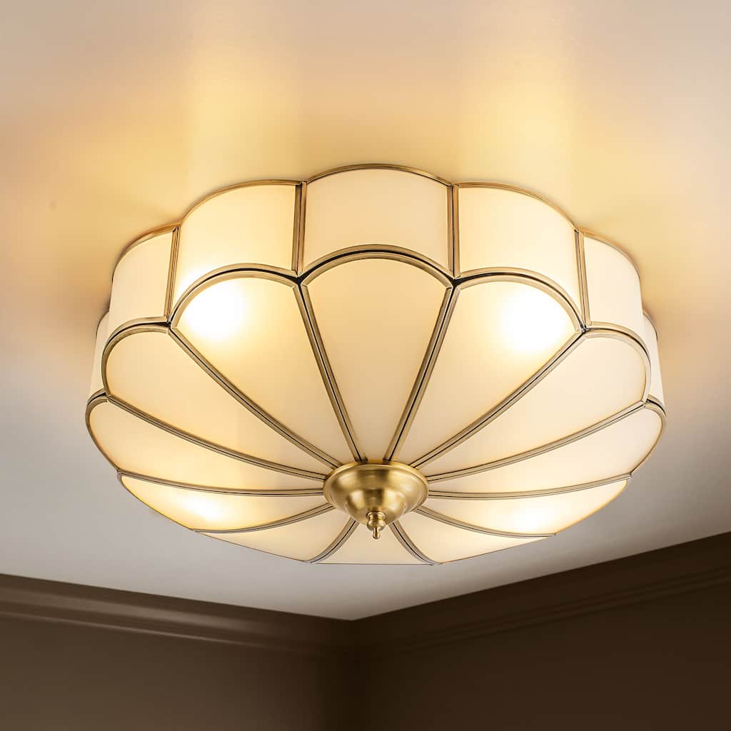 Rennnsan 4-Light 18 in. Vintage Brass Floral Semi-Flush Mount Ceiling Light with Soft Glass Shade - 17.7 in. Dia x 7.1 in. H