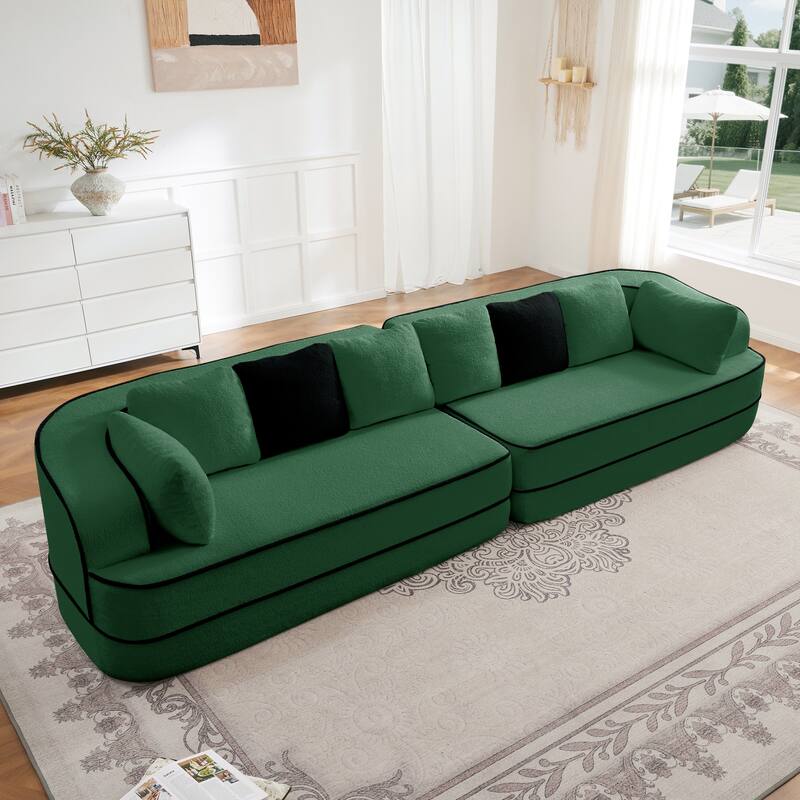135" Two-Tone Sofa Teddy Fabric Sofa, Boneless Couch with Sponge Cushions, Stylish Sectional Sofa with Pillows for Living Room