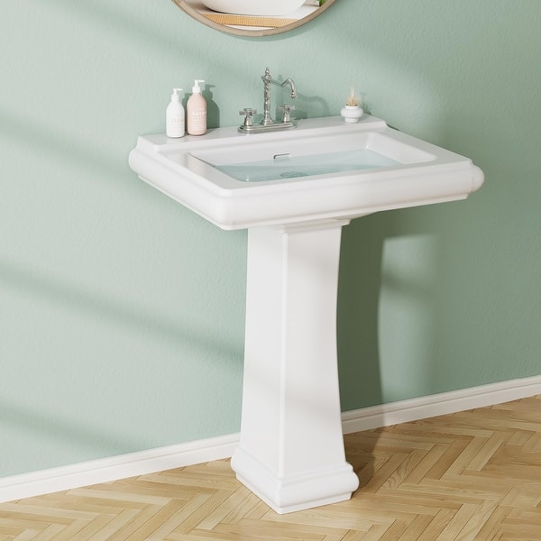 slide 2 of 8, Rectangular Pedestal Sink, Bathroom Pedestal Sink 26 X 20 Inch White Ceramic Pedestal Bathroom Sink With 3 Faucet Holes White - 26x19x34in