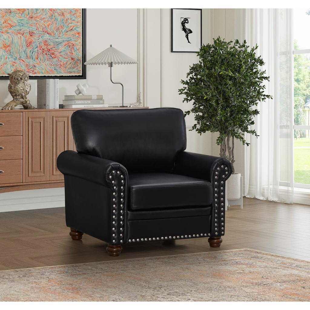 Single Seat Living Room Sofa Chair with Wood Legs, Black Faux Leather
