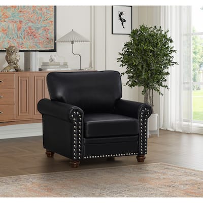Stylish Single Seat Sofa Faux Leather Chair with Wood Legs and Silver Nailhead Trim for Living Room
