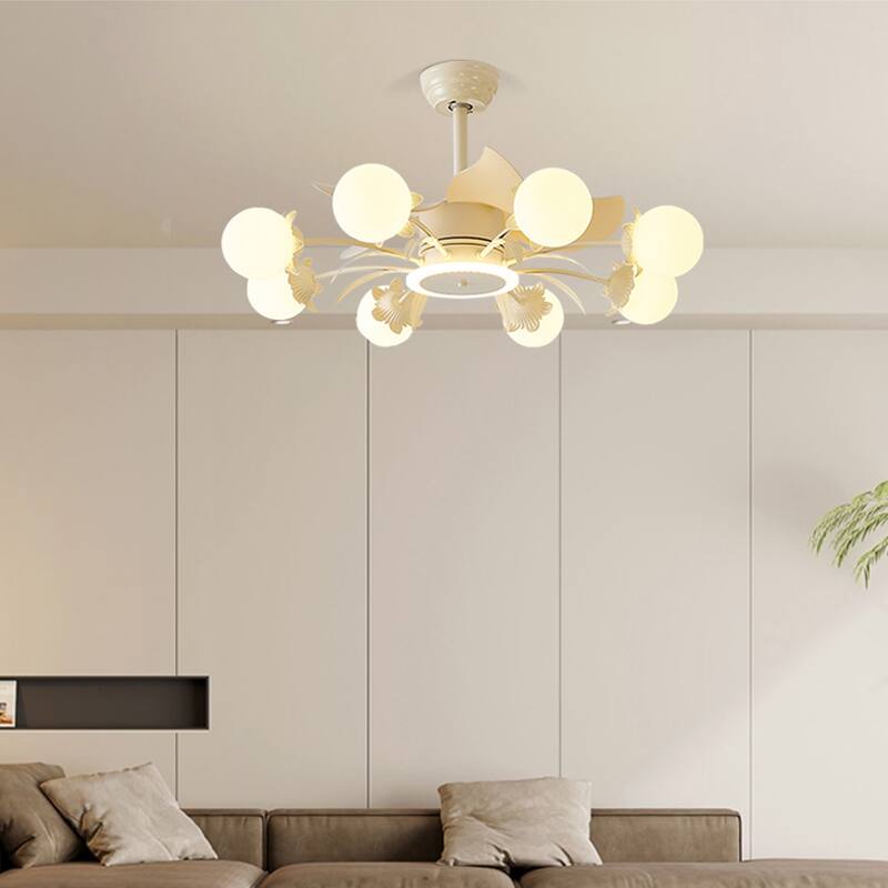 Indoor Chandelier Ceiling Fan with Light and Remote, Beige Fandelier with Milky Globe Shade for Bedroom