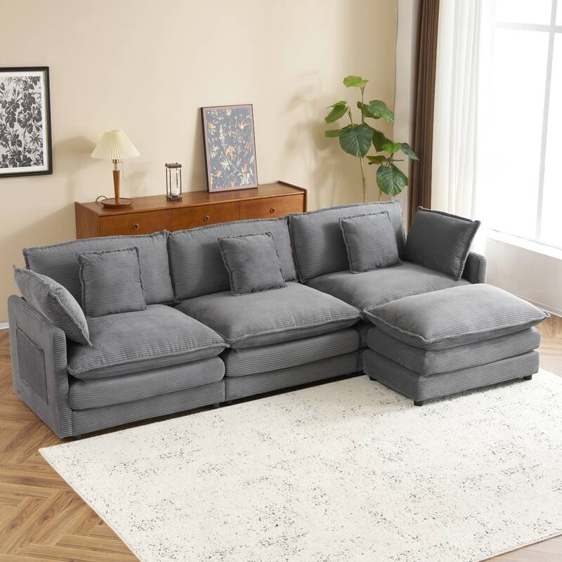 L-Shaped Sofa Chenille Convertible Lounge Chaise with Ottoman - Dark Grey
