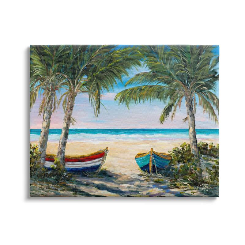 Stupell Row Boats on Beach Shore Tropical Palm Trees Canvas Wall Art - Green - 40 x 30