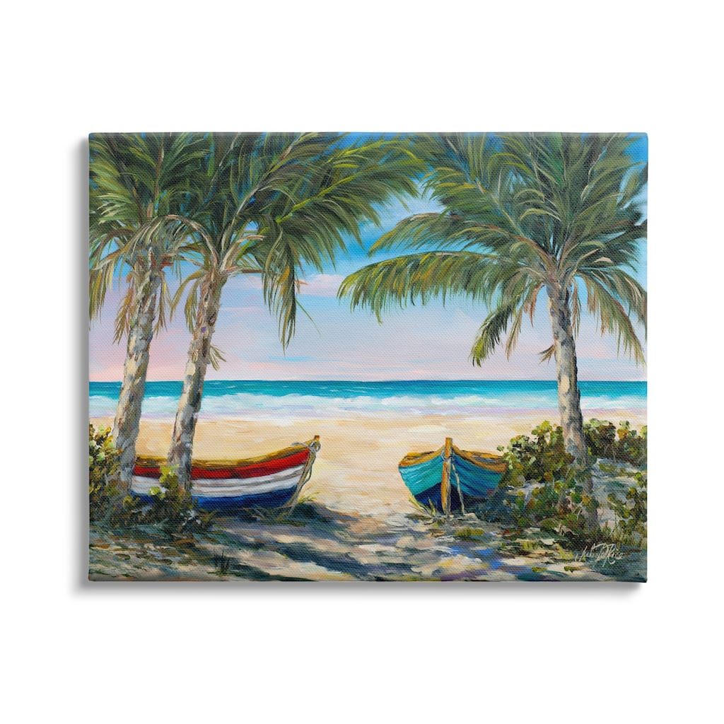 Stupell Row Boats on Beach Shore Tropical Palm Trees Canvas Wall Art - Green