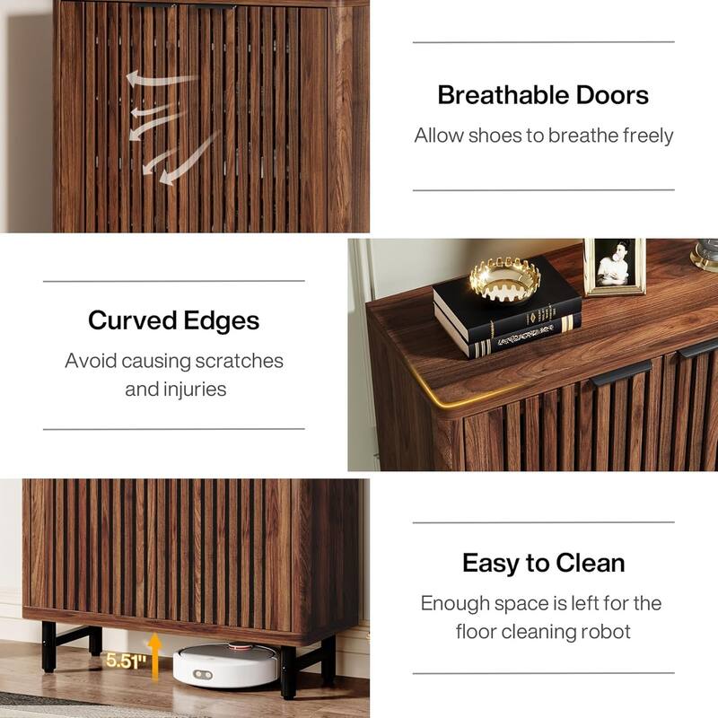 33" Modern Walnut Wooden 6-Tier Shoe Cabinet with Louvered Doors