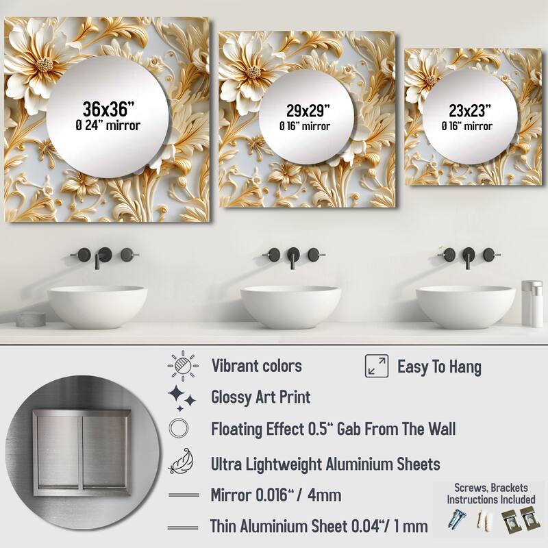 Designart "Gold And White Royal Flower Garden Serenity I" Modern Wall Mirror - Damask Square Printed Mirror For Hallway