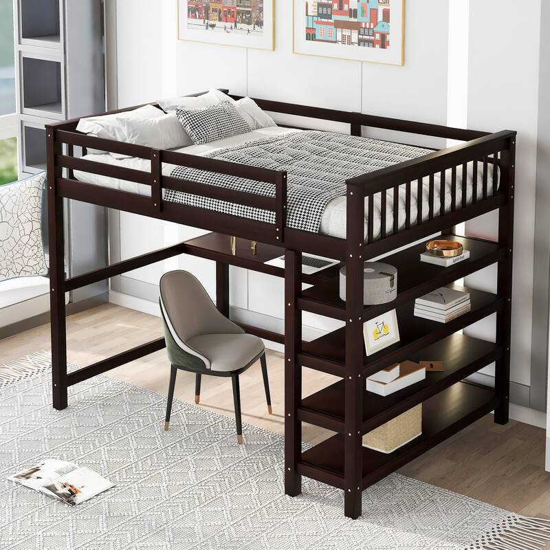 Full Size Loft Bed with Storage Shelves and Under-bed Desk in Espresso Finish