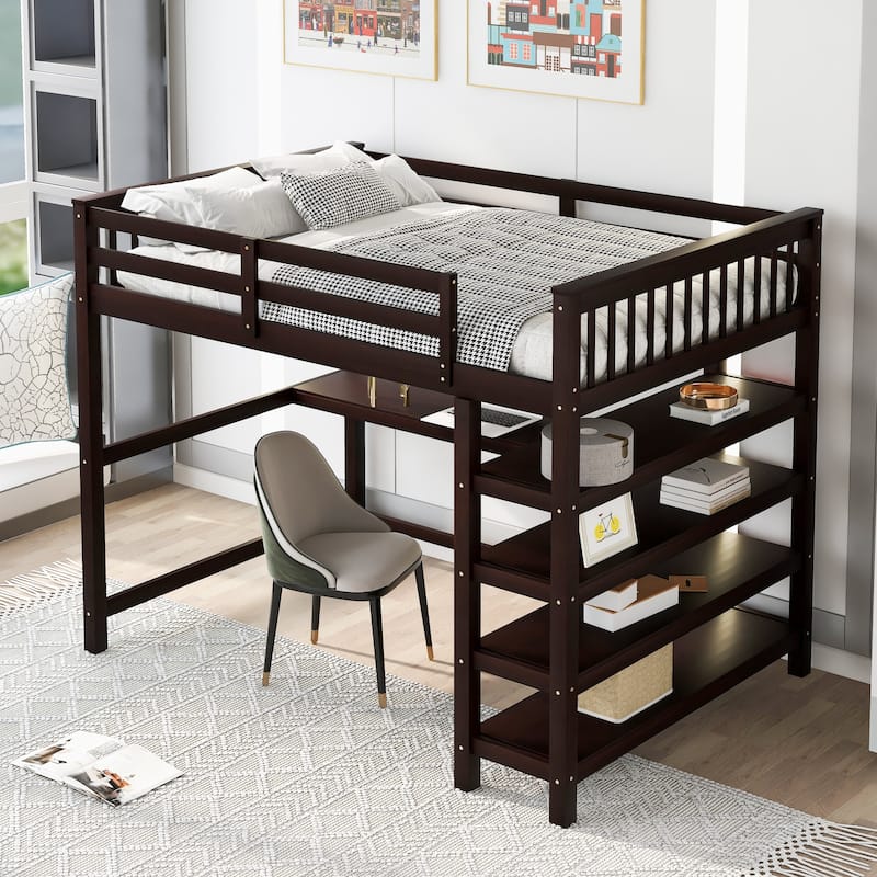 Loft Bed with Storage Shelves and Under-Bed Desk