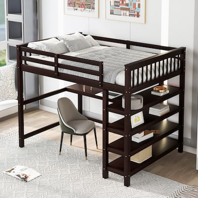 Wood Loft Bed w/Desk, Full Size Loft Bed w/Shelves and Under Bed Desk