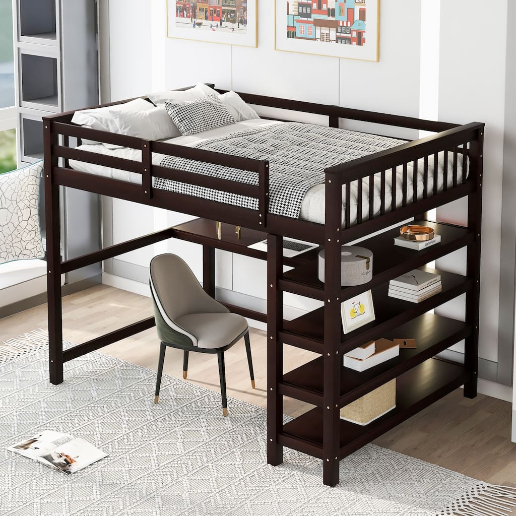 Wood Loft Bed w/Desk, Full Size Loft Bed w/Shelves and Under Bed Desk