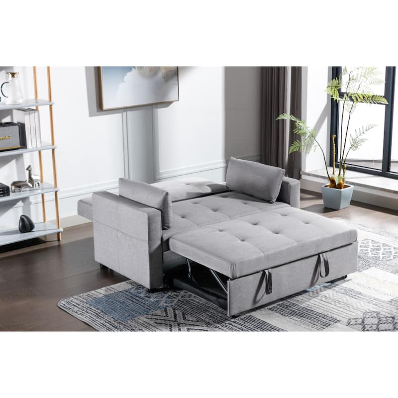 Light Grey Linen Fabric 3-in-1 Convertible Sleeper Sofa Loveseat with Side Pocket