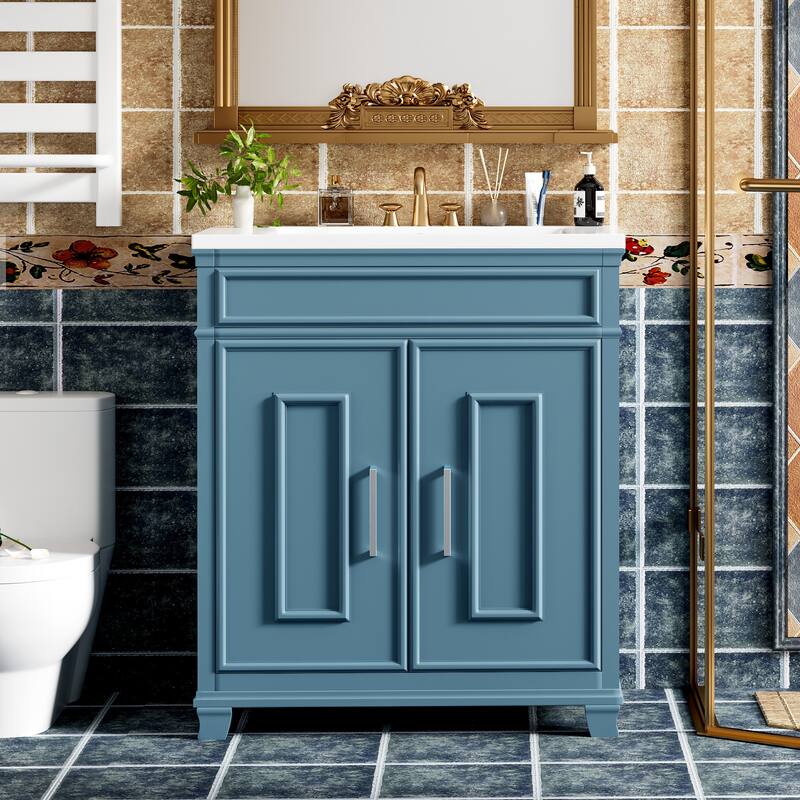 30 Inch Bathroom Vanity with Resin Sink - Freestanding Vanity with Storage Shelf and Solid Wood Frame