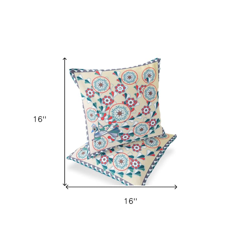 HomeRoots Set of Two 16" X 16" Green and Red Peacock Blown Seam Floral Indoor Outdoor Throw Pillow - 16.00' X '16.00' X '5.00