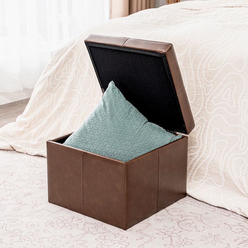 Adeco Bonded Leather Contrast Stitch Square Storage Ottoman Footstool