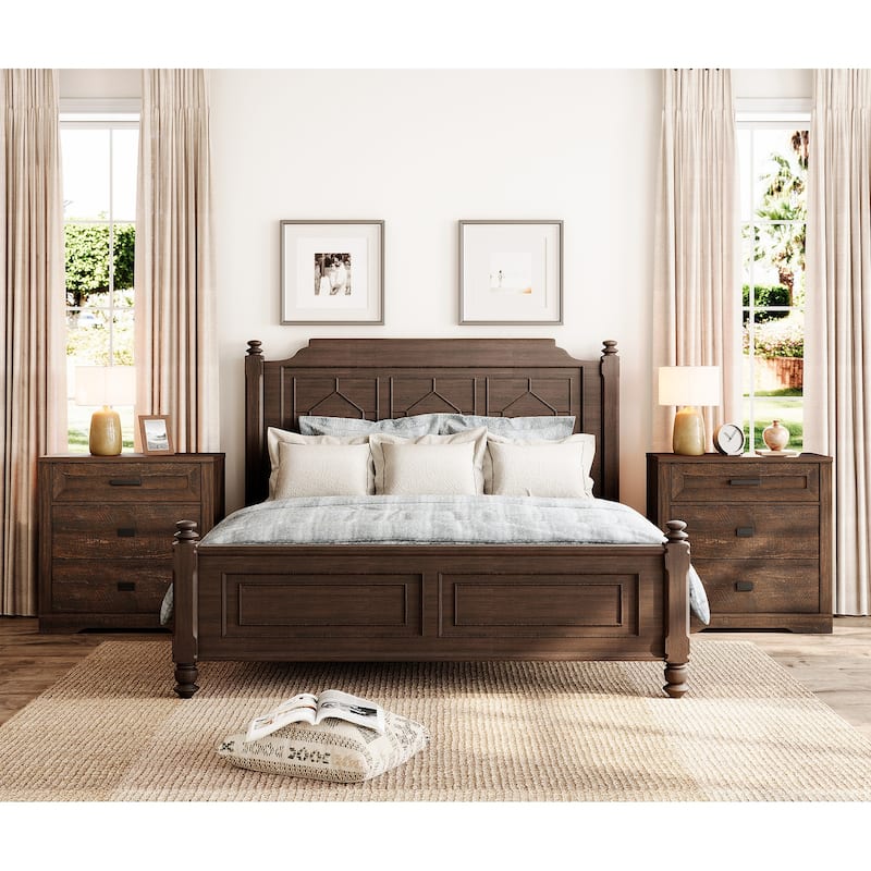 Large Nightstand for Bedroom,Farmhouse Bedside Table with Wide Drawers - Dark Brown - 6-drawer
