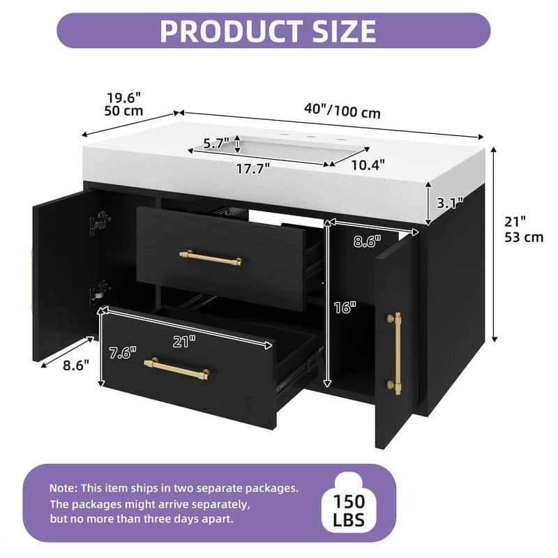 Moasis 40" Floating Bathroom Vanity with 2 Drawer and 2 Cabinet - Black - 40"W x 21"H x 19.6"D