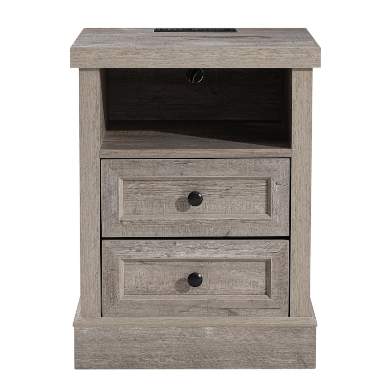 COZAYH Farmhouse Nightstand with Charging Station, Vintage Bedside Table Featuring Outlet & USB Ports, 2 Drawers and Open Shelf