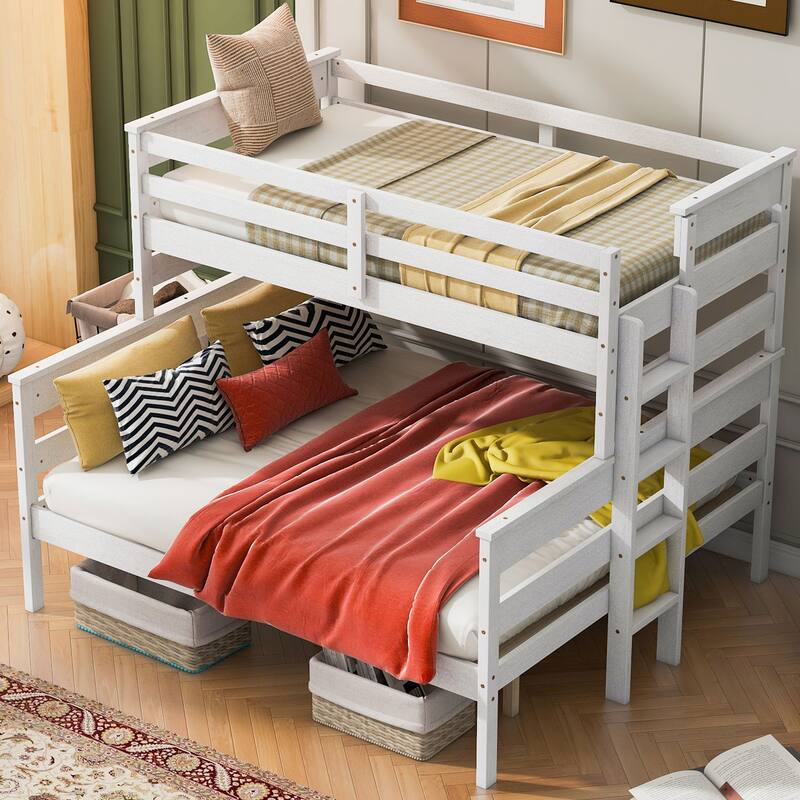 Twin XL over Queen Bunk Bed with Ladder, Sturdy Wood Frame, Detachable Design, Gray - White - Twin XL