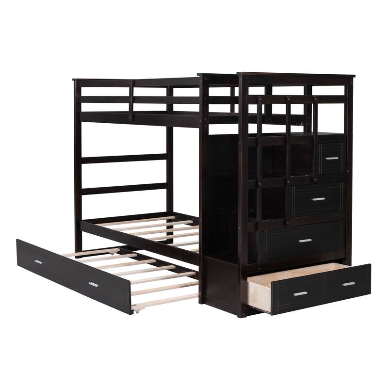 Space-Saving Twin Over Twin/Full Over Full Bunk Bed with Trundle and Storage Stairs, Solid Pine Wood Frame