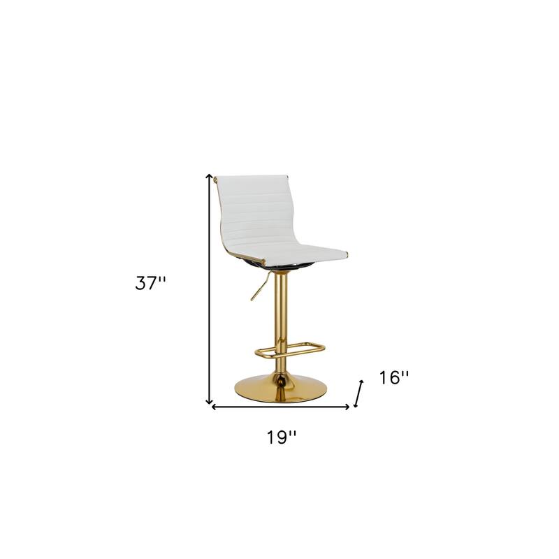 Set of Two White And Gold Faux Leather And Metal Low Back Adjustable Height Bar Chairs